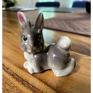 Vintage Japan Ceramic Bunny Gray Figurine Rabbit Glazed Decor Animal Small